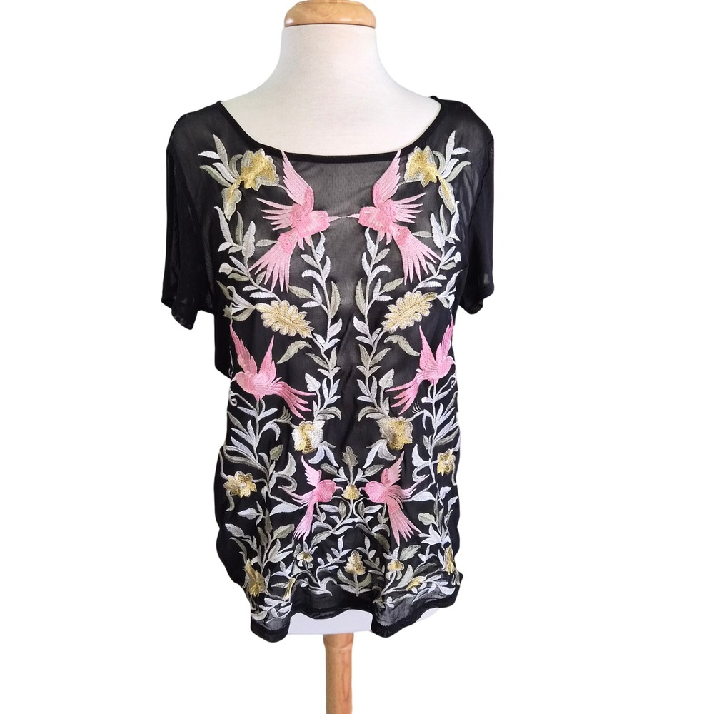 Embroidered Hummingbird Mesh Top‎ Black Sheer Floral Short Sleeve Blouse Women